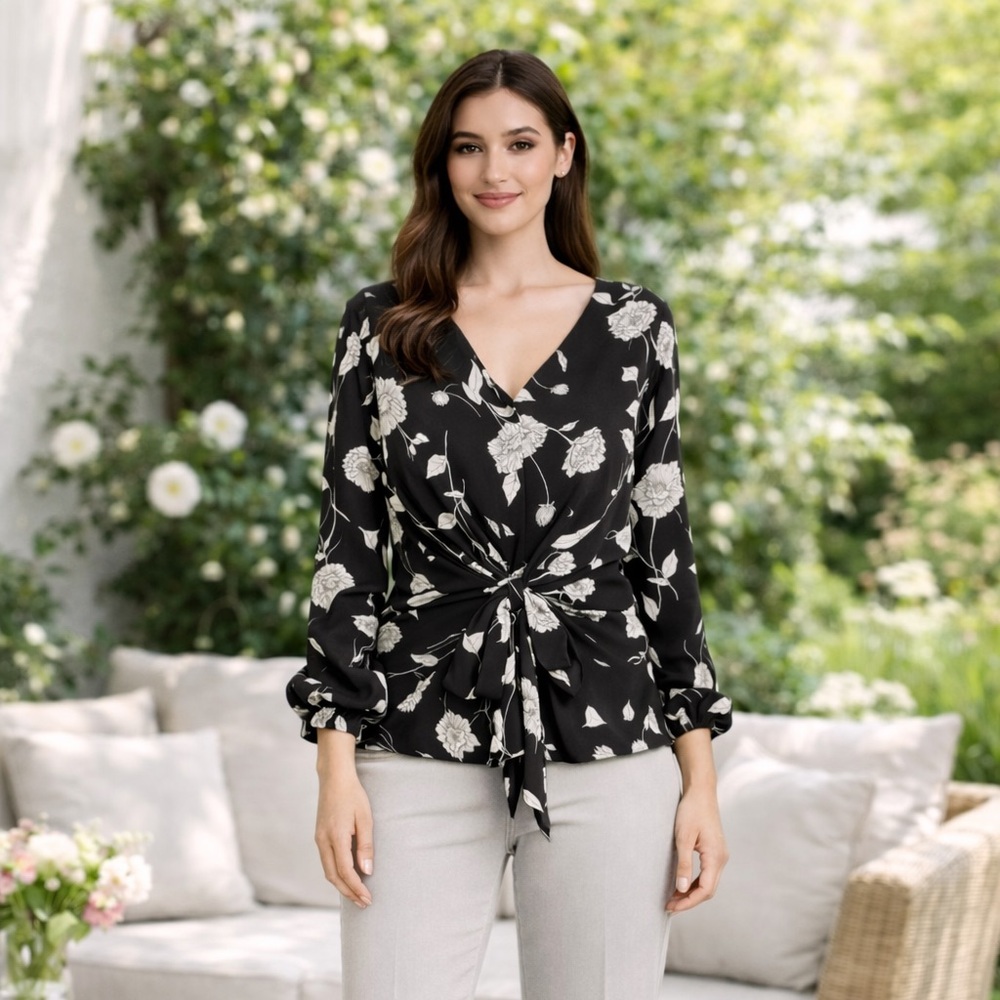 Maurices Black and White Floral Tie Blouse